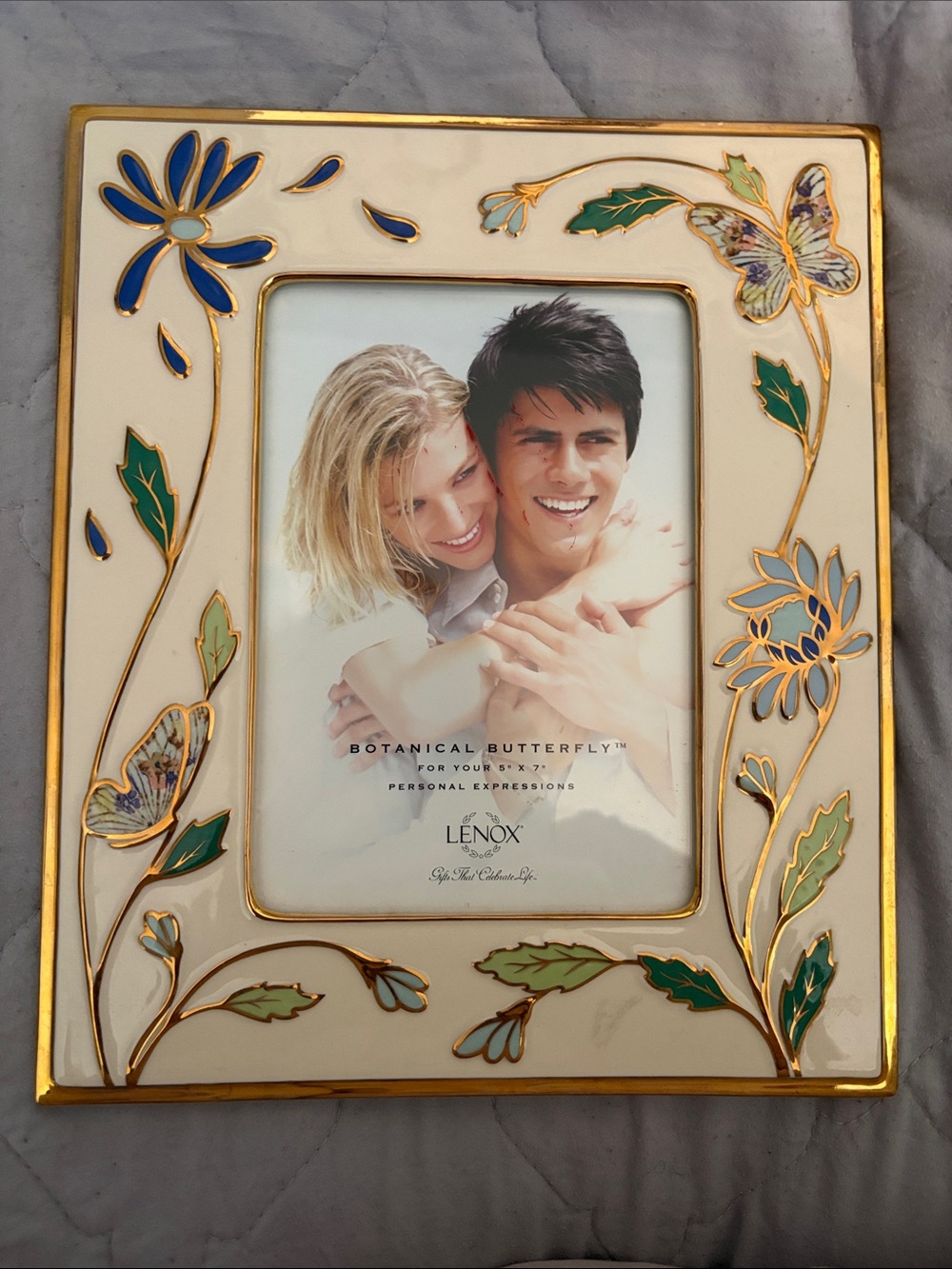 5 x 7 Lenox Cream Floral & Blue Butterfly Picture Frame with Gold Trim